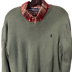 Ralph Lauren Men’s VTG 2 PCS SET Cotton Flannel Shirt & Green Sweater Sz L